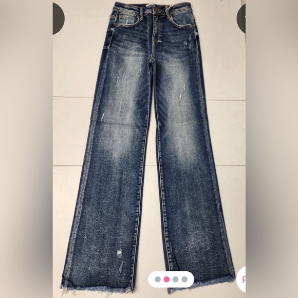 Risen jeans  high rise dark wash Straight Leg Jeans long 33” frayed hem - Picture 15 of 15